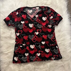Heart Patterned Black and Red Women's Scrub Top